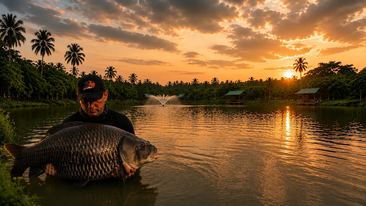 Angler holding a large carp at sunset at Chalong Fishing Park